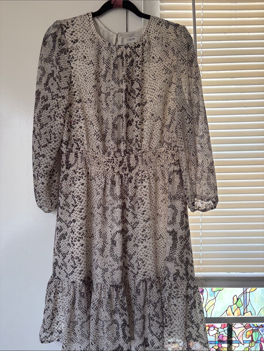 J. Crew Cream and Brown Snake Print Long Sleeve Dress